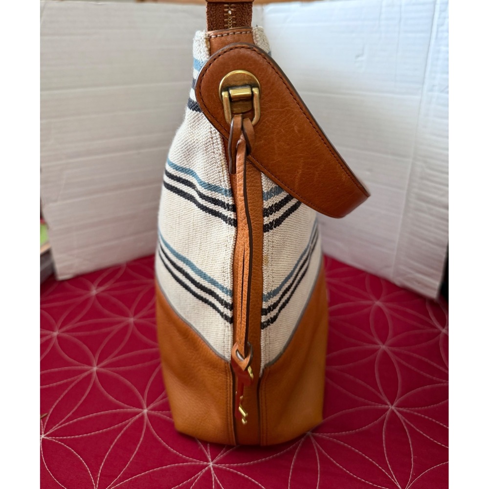 Fossil Maya Hobo Bag Striped Canvas Leather Shoulder Crossbody Tan Blue ZB7230 - Picture 3 of 10